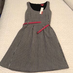 Black & white stripe a-line dress w/ pink belt